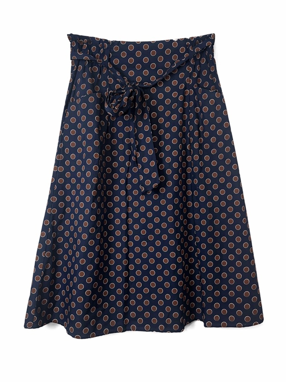 Happy x Nature Polka Dot Tie Waist Midi Skirt Blue Brown Size L